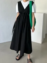 Chic Vintage Drawstring Waist Vest Skirt Knee-Length Women's Dress Elegant Ageless Summer Fashion Commute Style Other