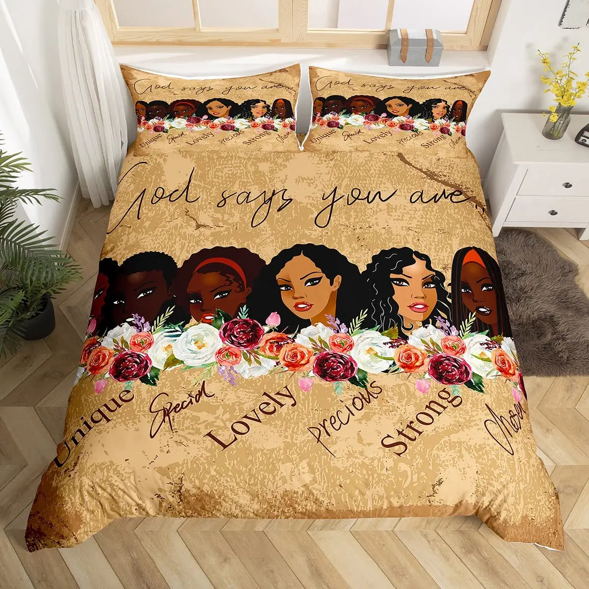 

African Theme Duvet Cover Girls Floral Inspirational Quotes Bedding for Kids Teens Girls Room Decoration Cute Girls Vintage Gift