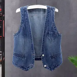 Ladies Denim Vest Sleeveless Loose V Neck Coat Vintage Firm Stitching Jacket Hip Hop Streetwear Lady Fall Spring Waistcoat