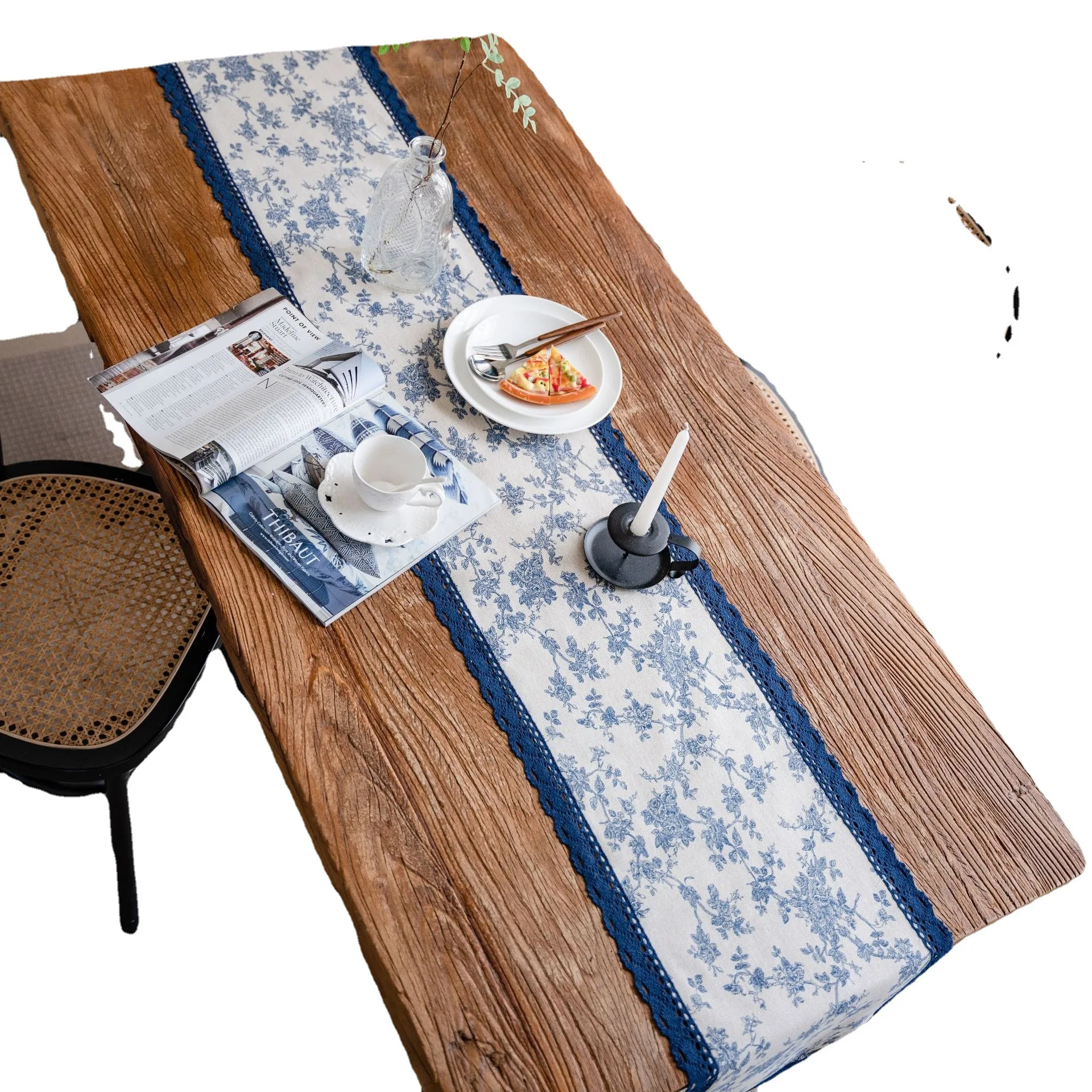 Dinning Table Decoration Table Runner Birthday Party Home Printing Pastoral Blue Rose Flower Tea Table Runner Table Cover