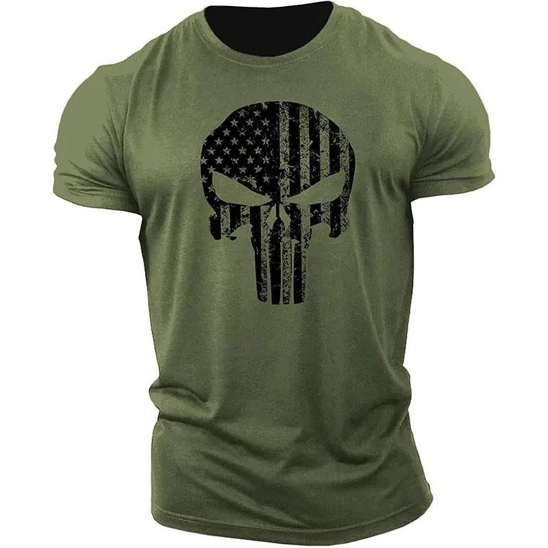 Men\'s Skull 3D Printed T-Shirt Short Sleeve Casual Sports Shirt Quick Drying Army Green 6XL