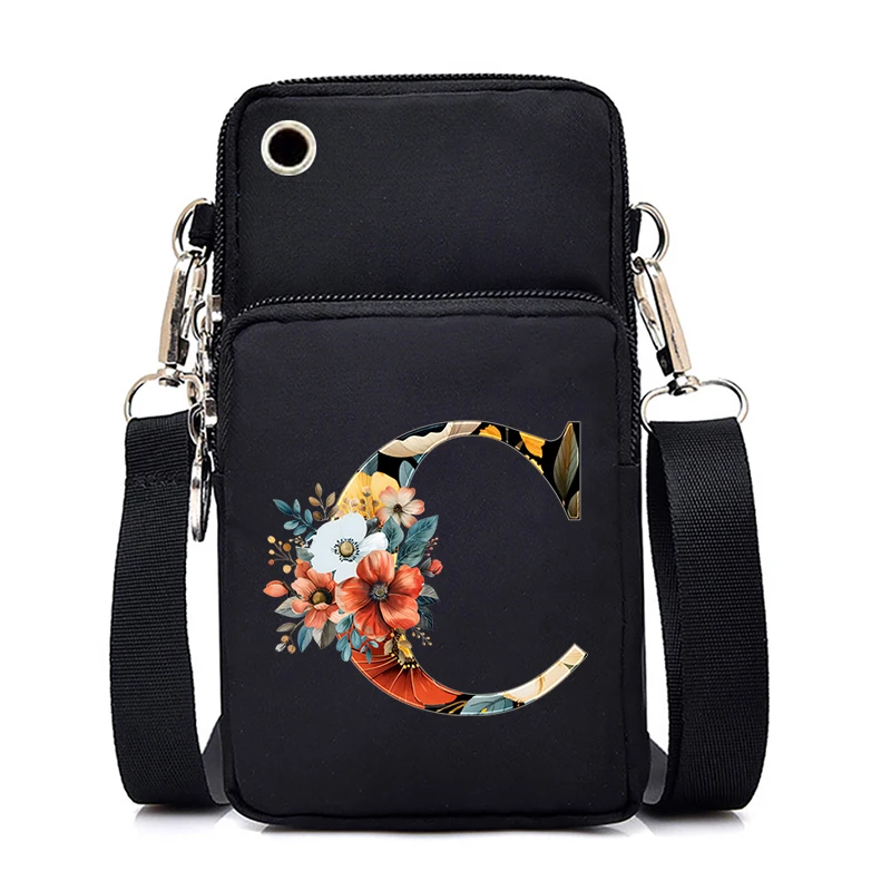 Watercolor Vintage 26 Letters A-Z Women Mobile Phone Bag Plant Floral Alphabet Mini Purses Handbags Small Shoulder Crossbody Bag