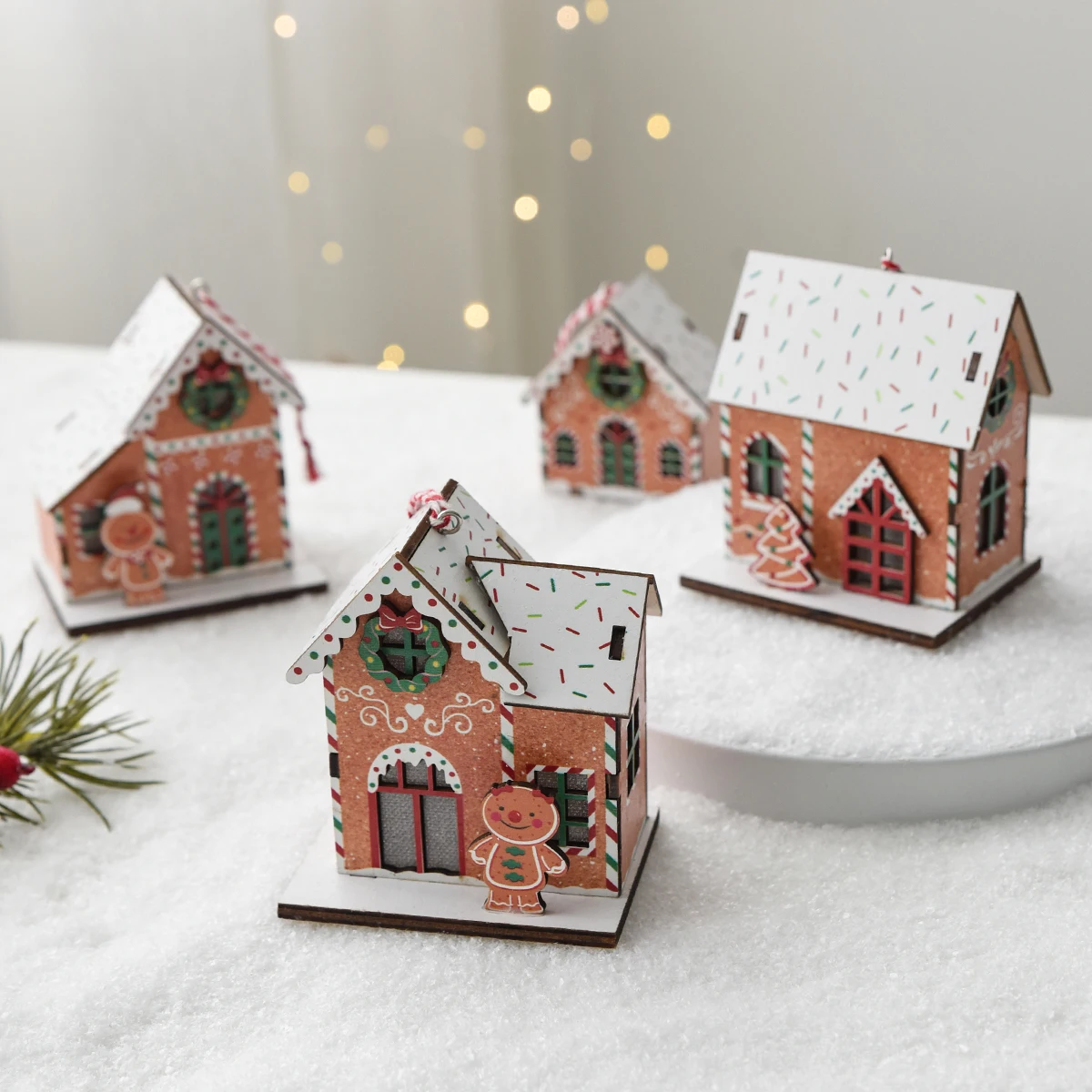 1 Christmas decoration wooden biscuit small house Christmas creative luminous house Christmas tree decoration pendant