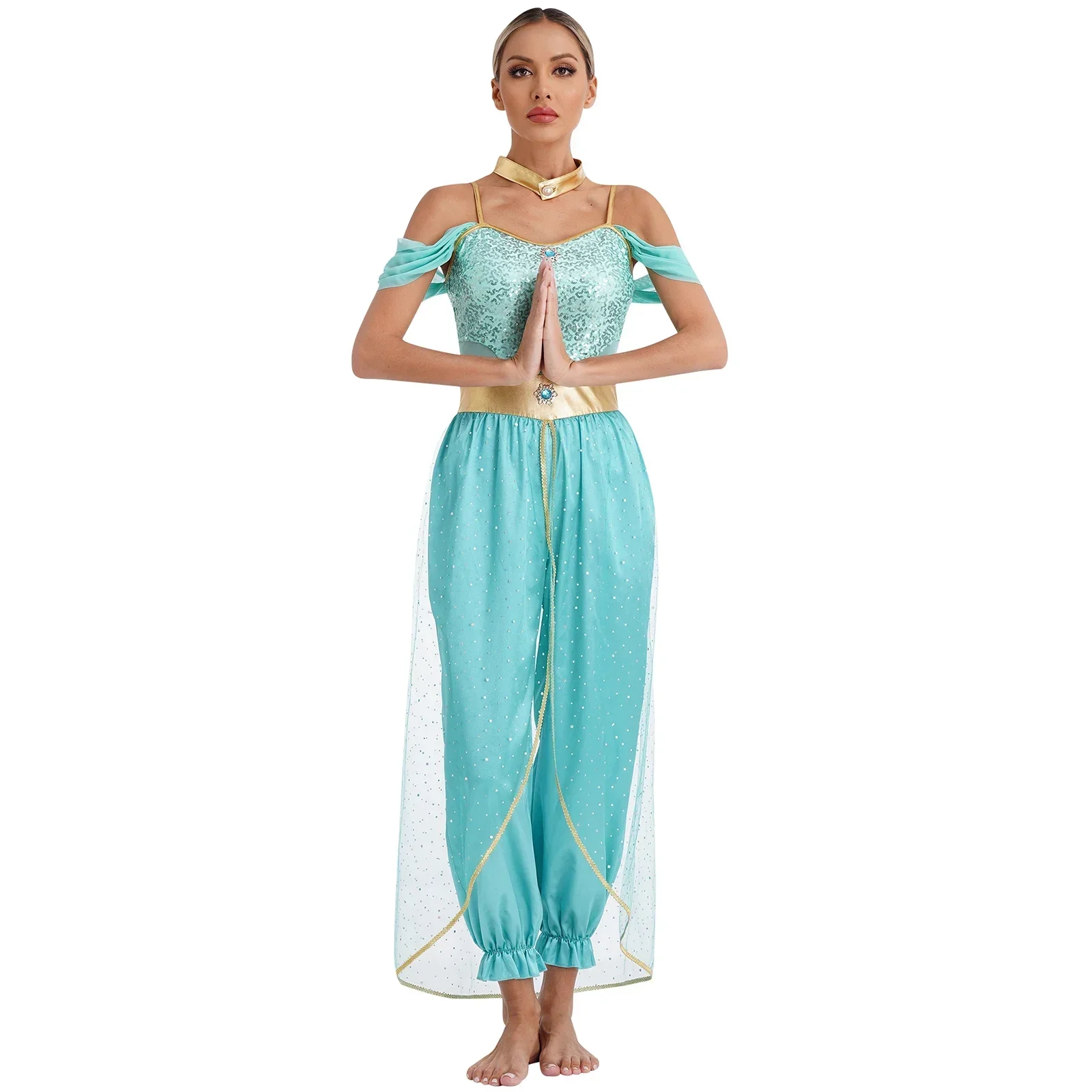 Womens Belly Dance Jumpsuit Theme Party Arabian Princess Queen Cosplay Costume Shiny Sequins Tulle Bodysuit with Choker Collar