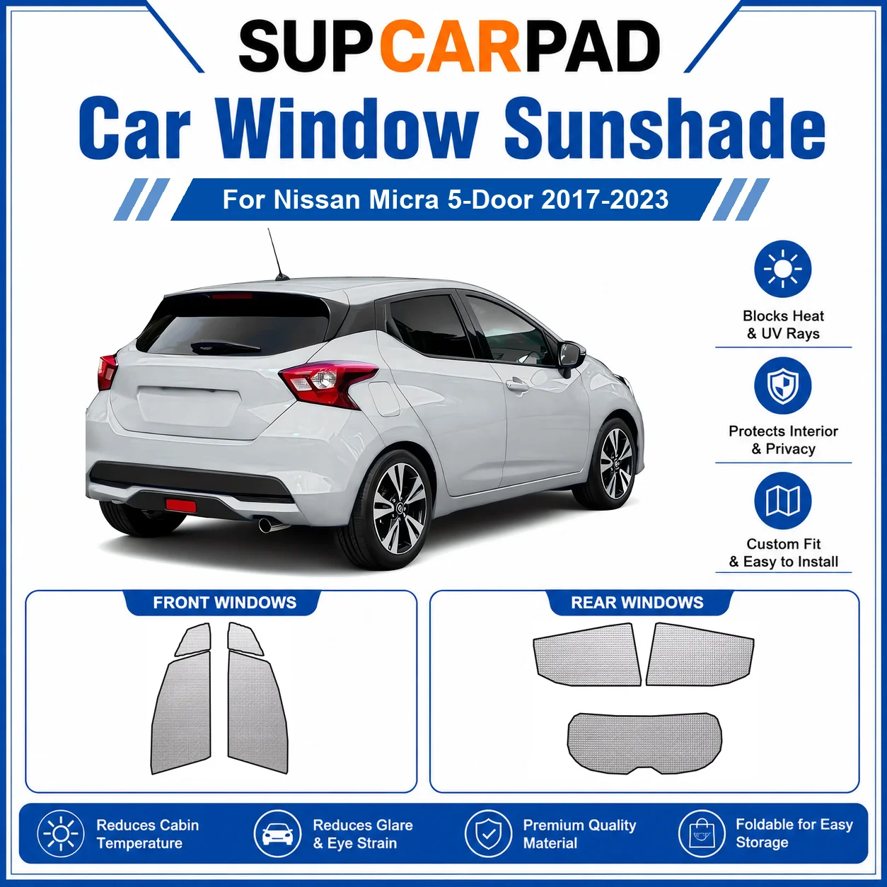 

For Nissan - Nissan Micra 5-Door 2017-2023 Full Set Car Window Sunshades UV Block Privacy Heat Insulated Foldable Car Curtain