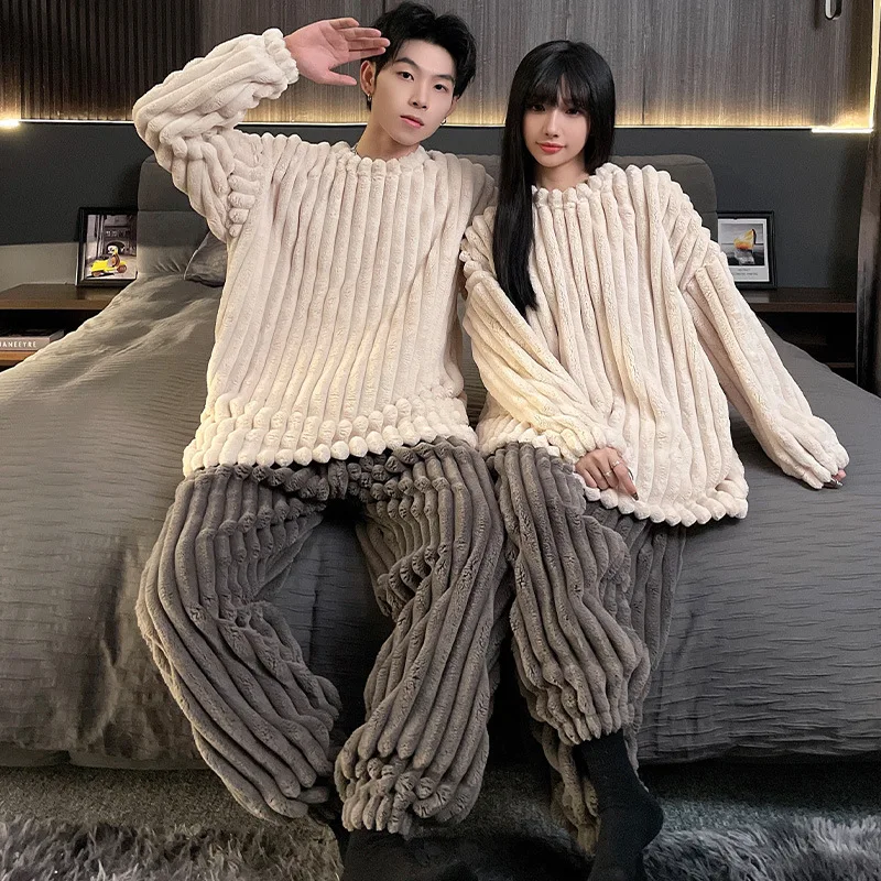 Yasuk Winter Women\'s Men Casual Warm Soft Pullover Sleepwear Pajamas With Pants Velvet Fleecel Couple Unisex Simple Stripes