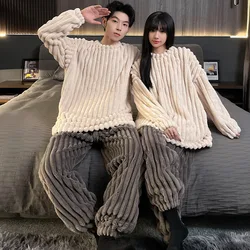 Yasuk Winter Women's Men Casual Warm Soft Pullover Sleepwear Pajamas With Pants Velvet Fleecel Couple Unisex Simple Stripes