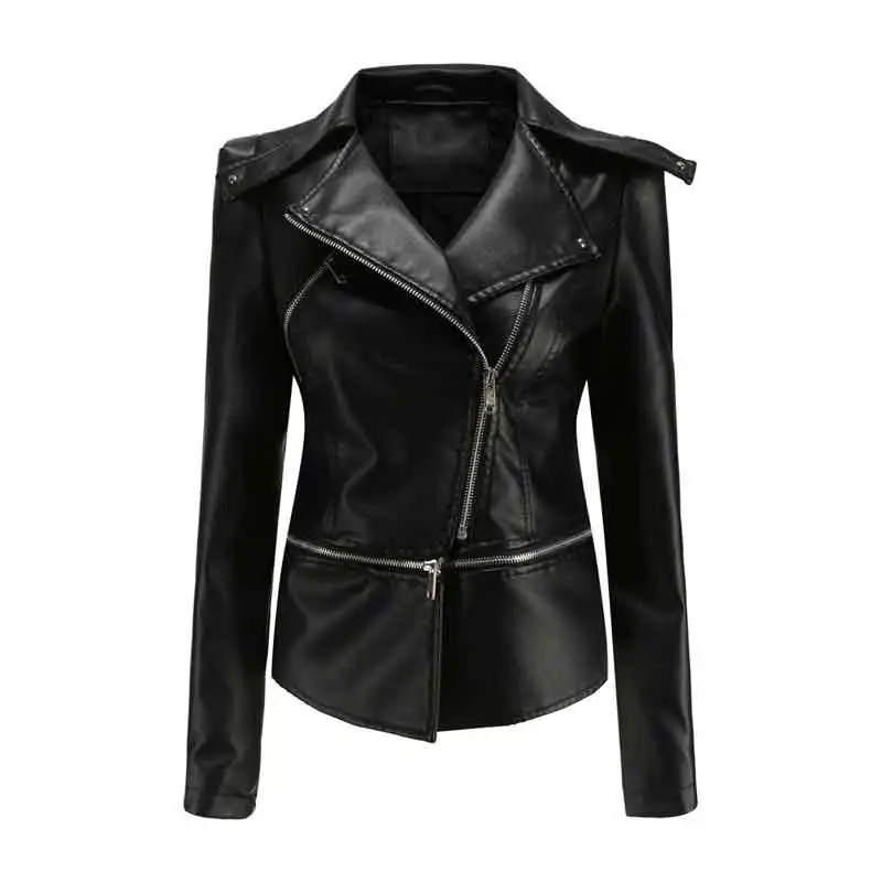 

Women's imitation leather jacket, zippered motorcycle PU motorcycle synthetic leather slim fit short jacket black 2023