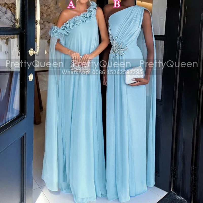 

Ruffles One Shoulder A Line Prom Dresses With Appliques Shawl Cape Customized Sleeveless Blue Chiffon Long Formal Party Dress