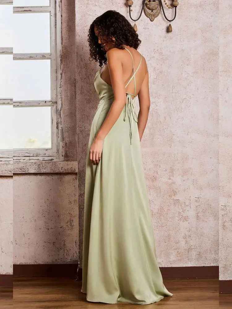 Spaghetti Straps Sheath Soft Satin Dresses With Slit