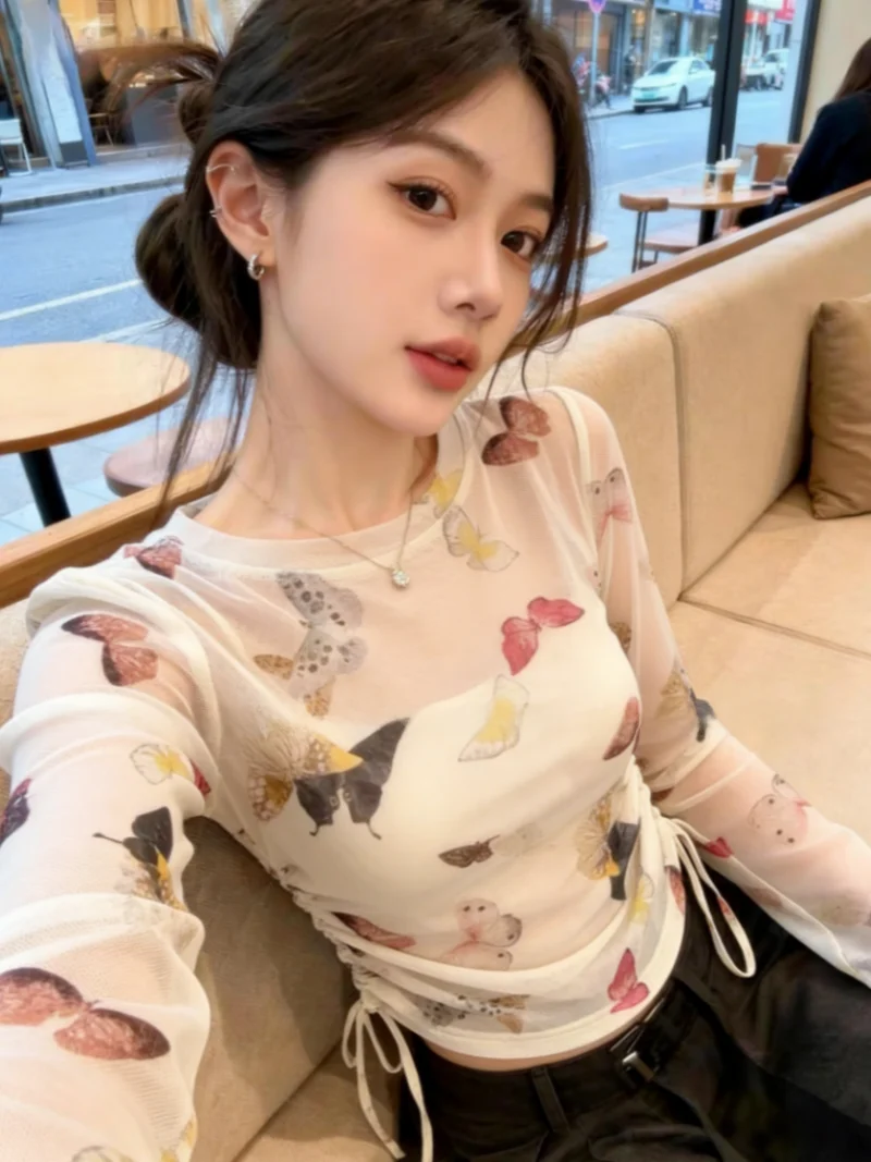 

Print Long Sleeve Mesh T-Shirt Women's Early Spring New Drawstring Waist Short Top Korean Style Slim Fit