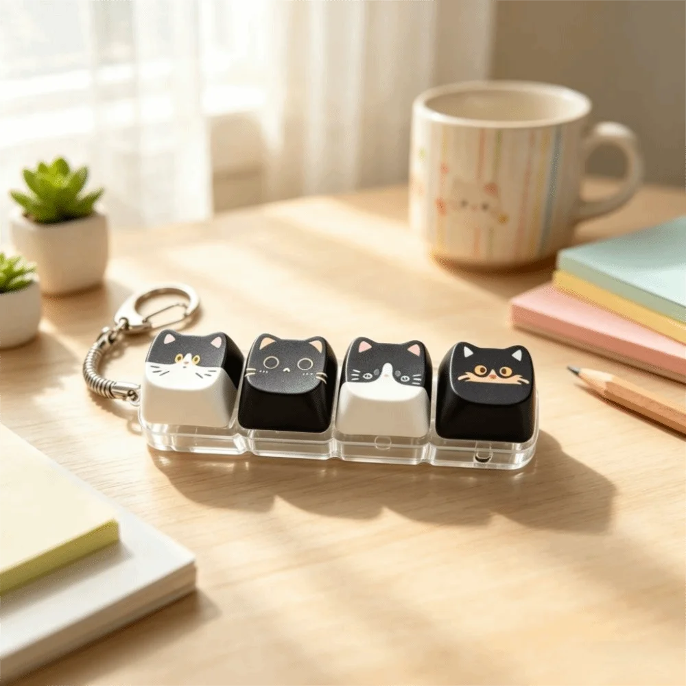 Finger-Tip Pressing Button Cat Fidget Clicker Keychain 4-Key Cute Cat Keycap Keychain Creative Kawaii Finger Keyboard Pendant