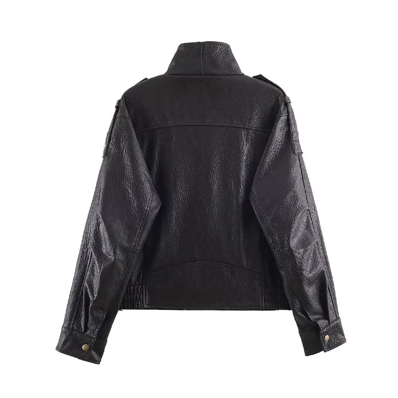NLZGMSJ Casual Chic Women Jacket Faux Leather Stand Collar Zipper Long Sleeve Bomber Jacket Fashion 2026 Autumn Jacket
