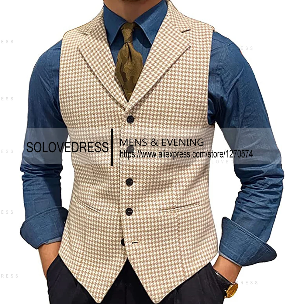 Men\'s Suit Vests Leisure Wool Tweed Plaid Waistcoat Slim Fit Vests For Wedding