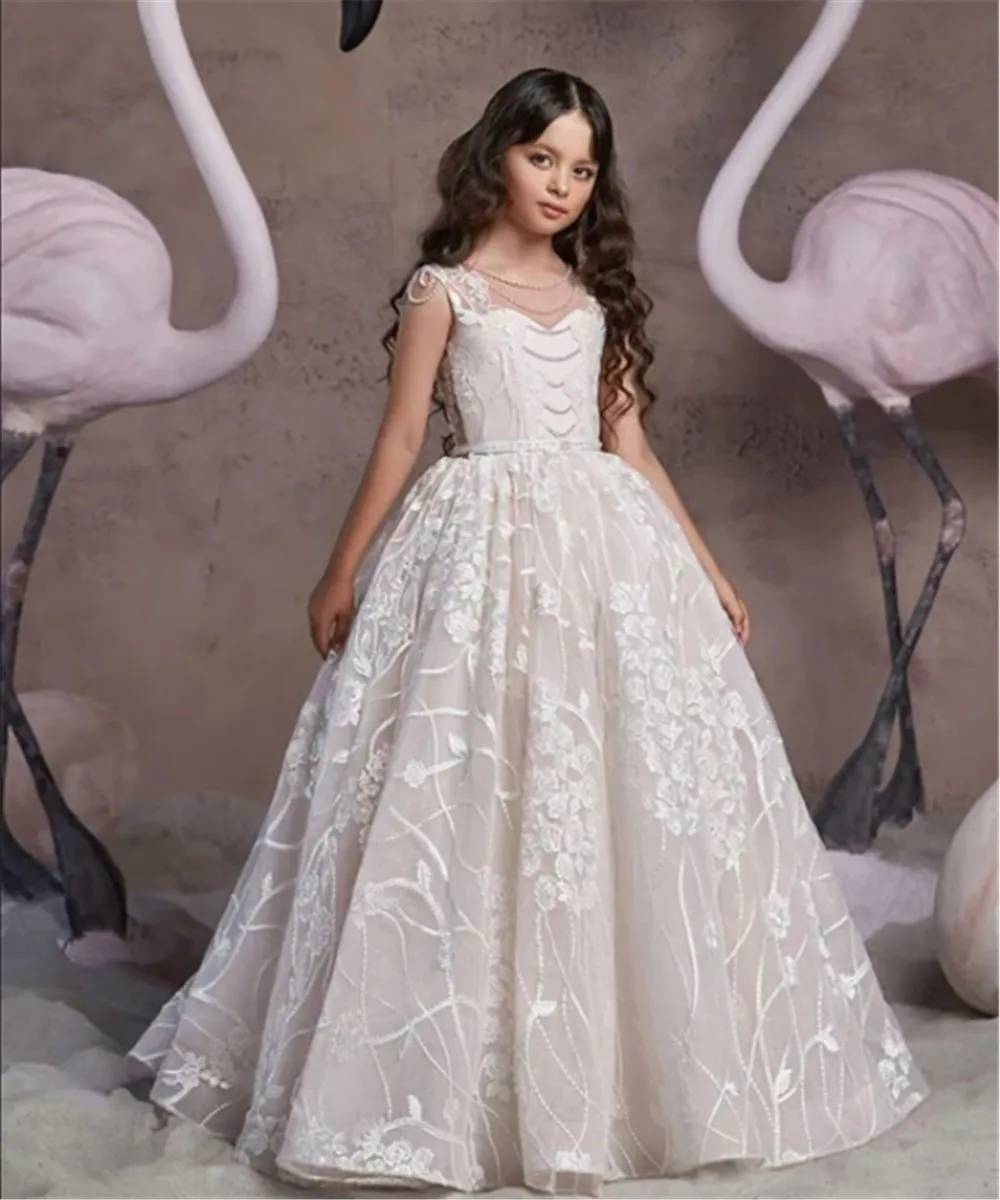 

Elegant Flower Girl Dresses For Wedding Princess Lace Beaded Kids Birthday Party Dress First Communion Gown For Little Girl