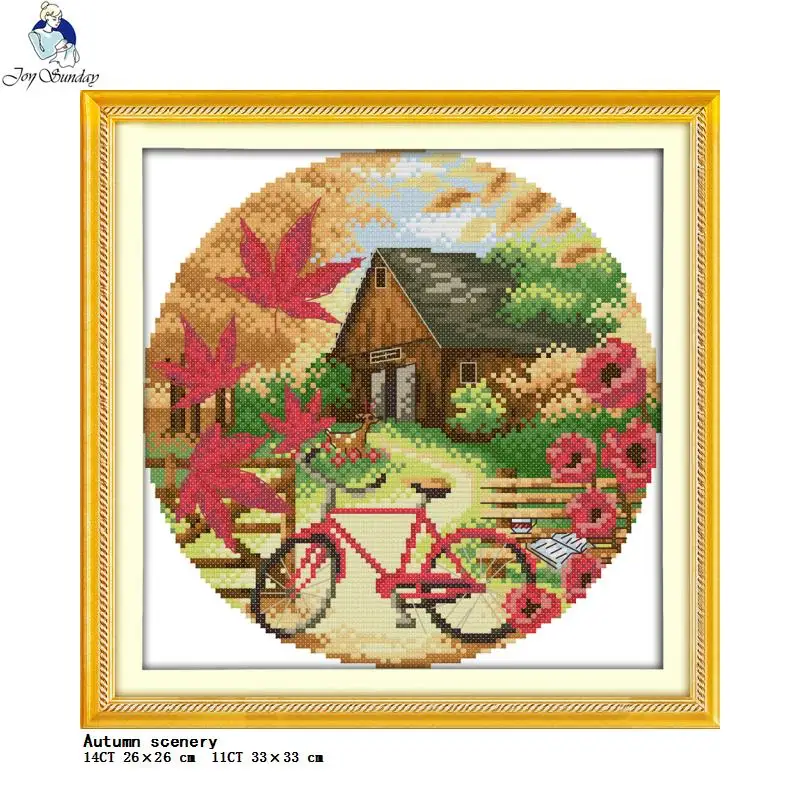 Round Scenery Painting Series Joy Sunday Counted Cross Stitch Kit 14CT 11CT White Fabric Printed Needle ＆ Thread Set Home Decor