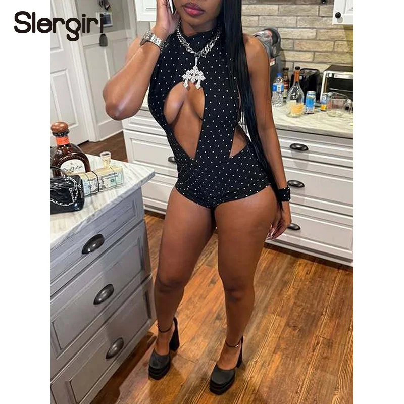 

Slergiri Polka Dot Mock Neck Cutout Sexy Jumpsuit Romper Women Fashion New 2026 Summer Backless Tight Elastic Short Jumpsuit