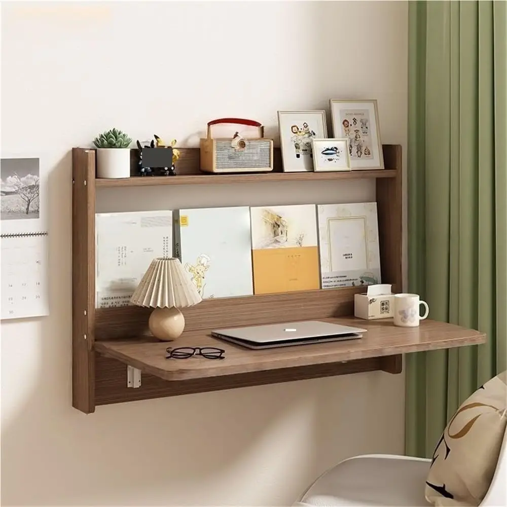 Wall Mount Folding Desk Wood Workbench Bookshelf Multifunctional Computer Workstation Storage Compartments Brown 324x33x224in