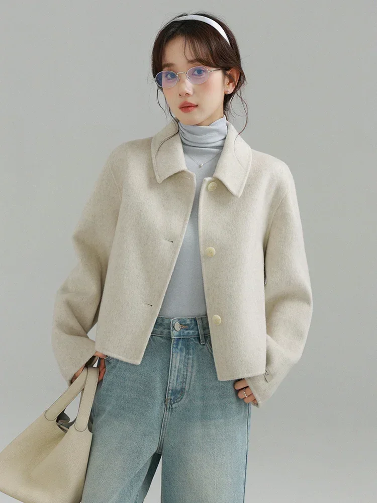 

Office Lady Double-Faced Wool Boxy Collar White Short Jacket Women Drop Shoulder Wool Blazer Perfect for Autumn and Winter