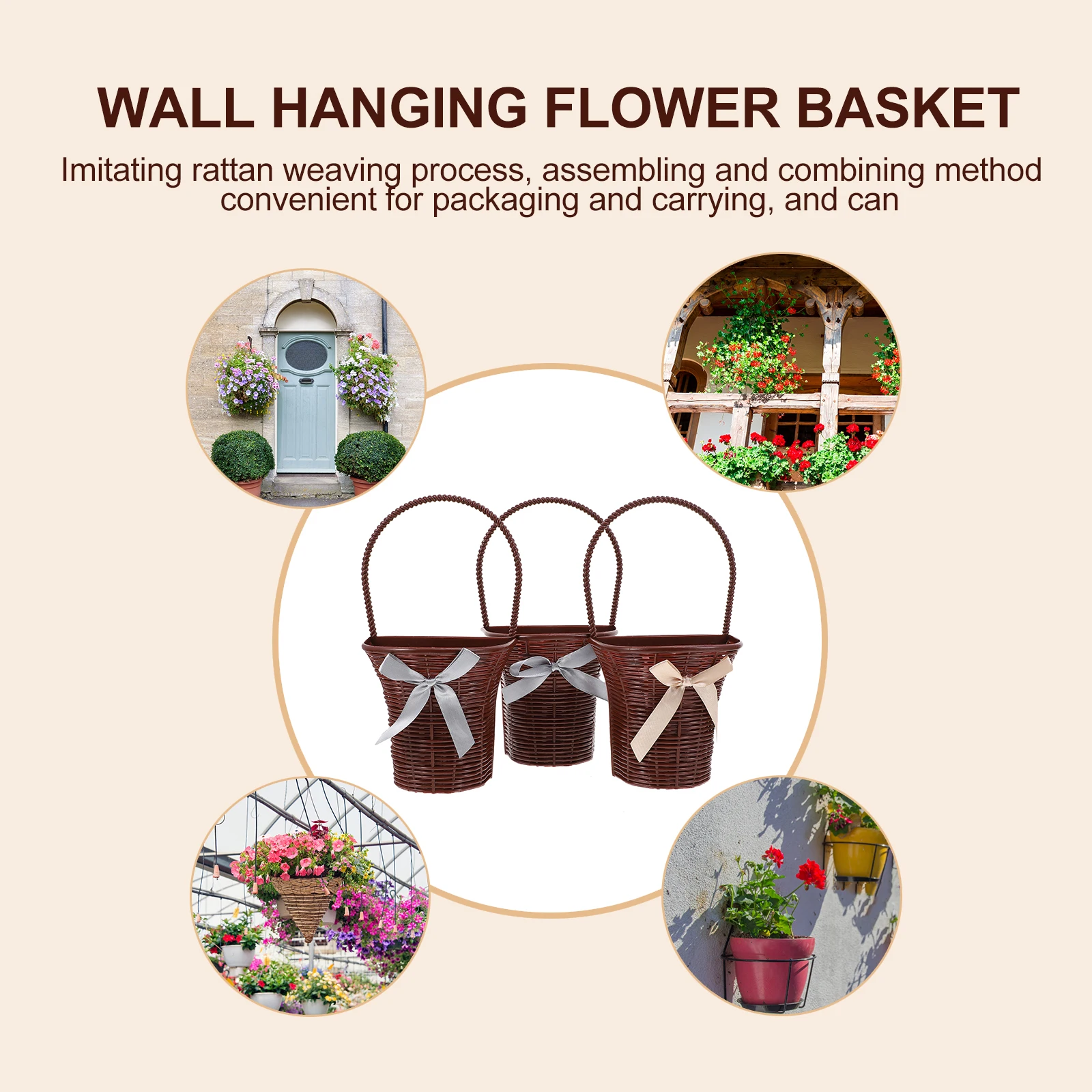 

3pcs Hanging Flower Baskets Retro Wall Decor Plastic Planter Storage Bins Imitation Rattan Woven Long Life Gardening