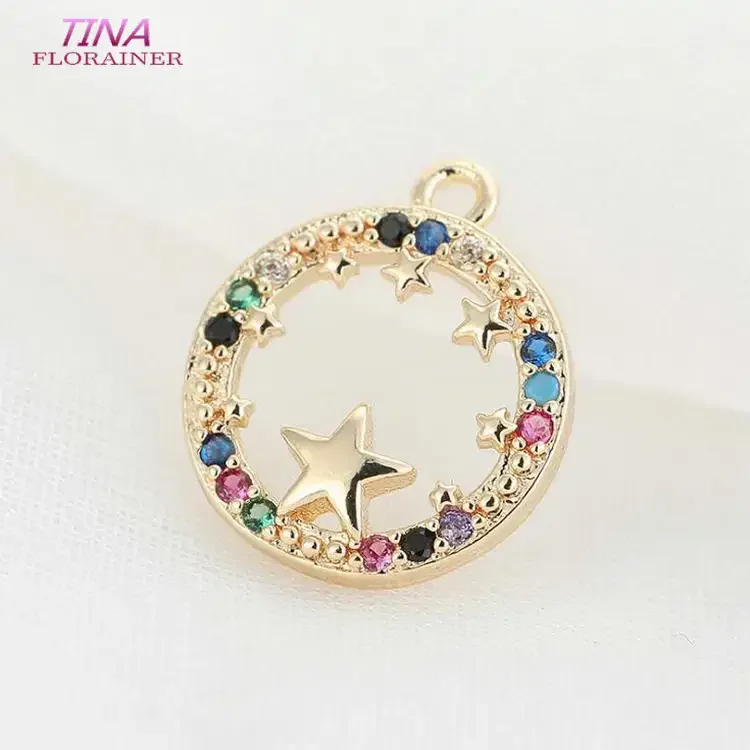 13*15MM  Gold Color Plated Brass and Zircon Star Charms Pendants Round Necklace Charms High Quality Jewelry Making Accessories