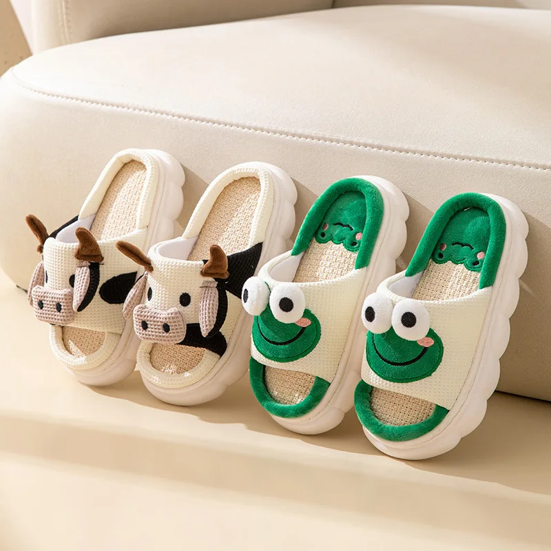 Hot Sale Women Milk Cow Linen Slippers Four Seasons Men Indoor Sandals Adults Cartoon Slides Couples Cute Breathable Home Shoes