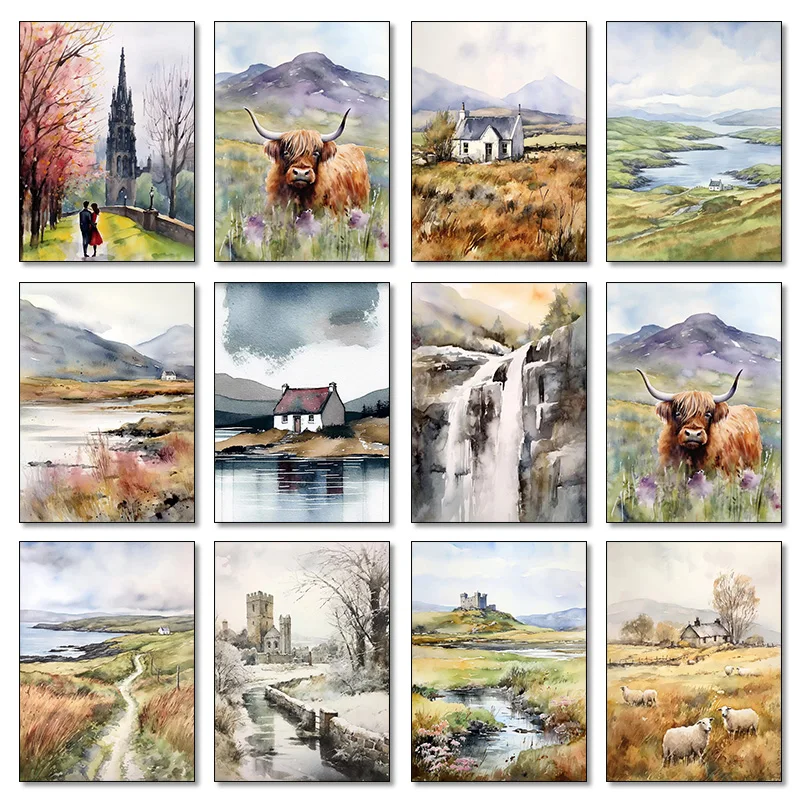 1pc frameless Canvas Painting 1pcs(No frame)Castle Wilderness Sheep Cottage Lake Ireland Scotland Poster Watercolor Canvas Paint