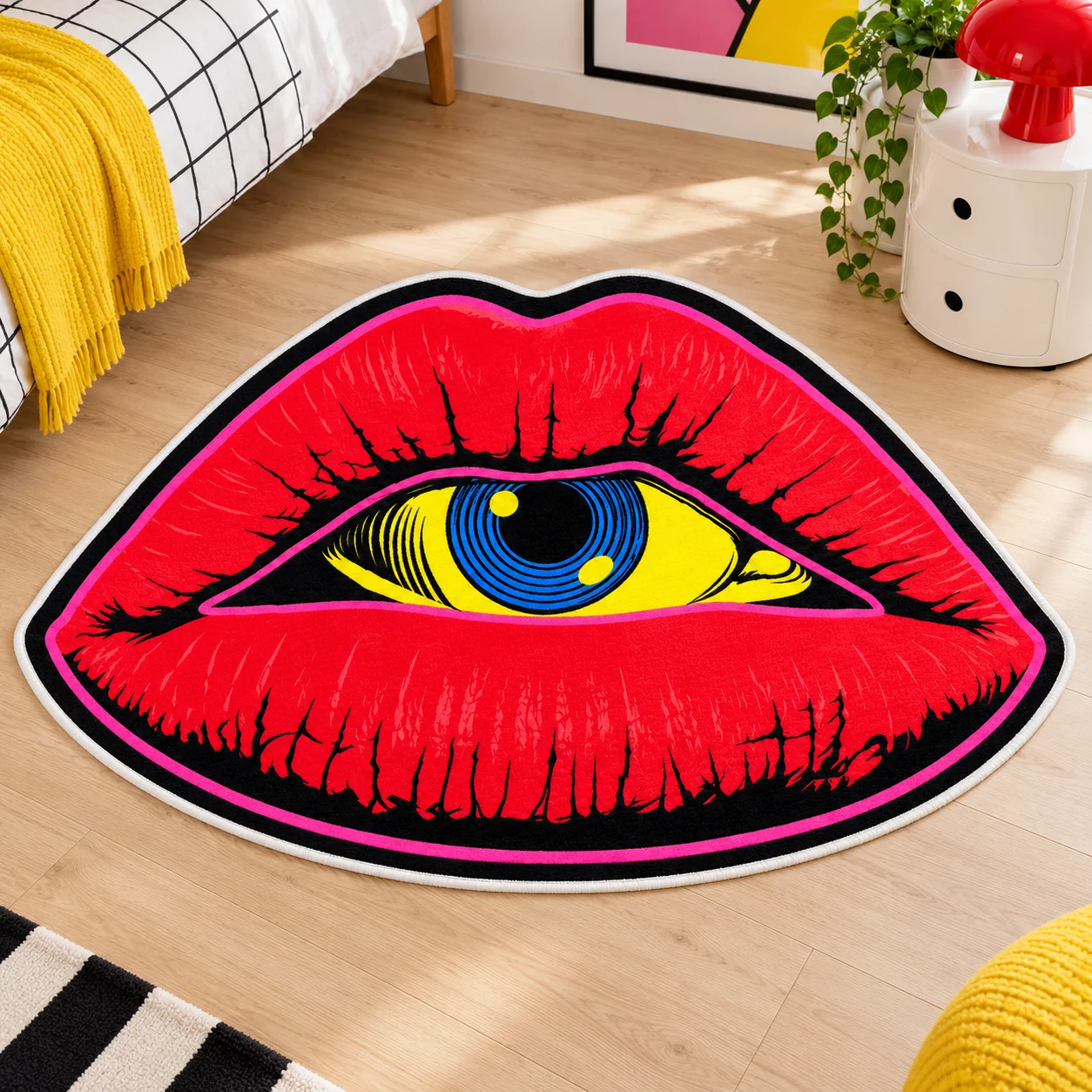 Red Lips Eye Design Shaped Area Rug, Bold Pop Art Floor Mat for Bedroom Dressing Room Studio, Colorful Modern Art Home Decor
