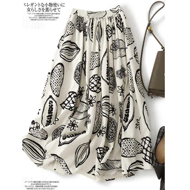 

Arts Style New Arrival Spring/summer Women Fashion Loose Casual All-match Print A-line Skirt Mid-calf Cotton Linen Skirts T85