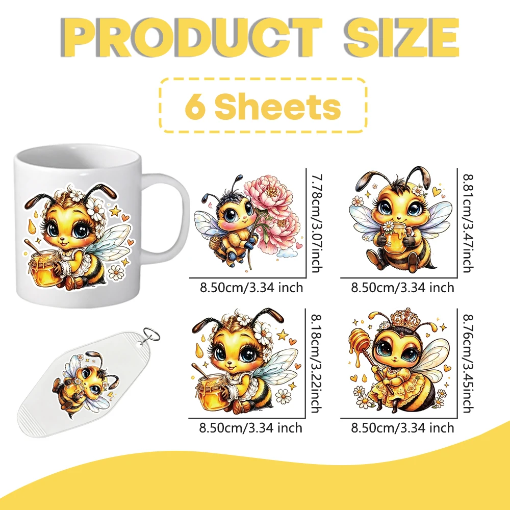 6 Cute bee UV DTF decals with peony & sunflower, vibrant for cake toppers, gift boxes and party cups