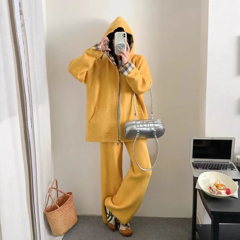 Koreanische beiläufige Lose Feste langarm gestrickte zipper mit kapuze strickjacke + elastische taille hosen 2-teiliges set winter frauen Anzug Neue