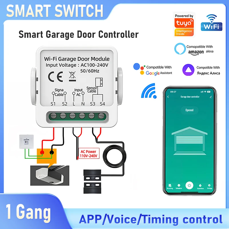 

Mini Tuya Wi-Fi умный контроллер гаражных ворот универсальный электрический дверной беспроводной переключатель в сборе приложение/голосовой пульт дистанционного управления умный дом