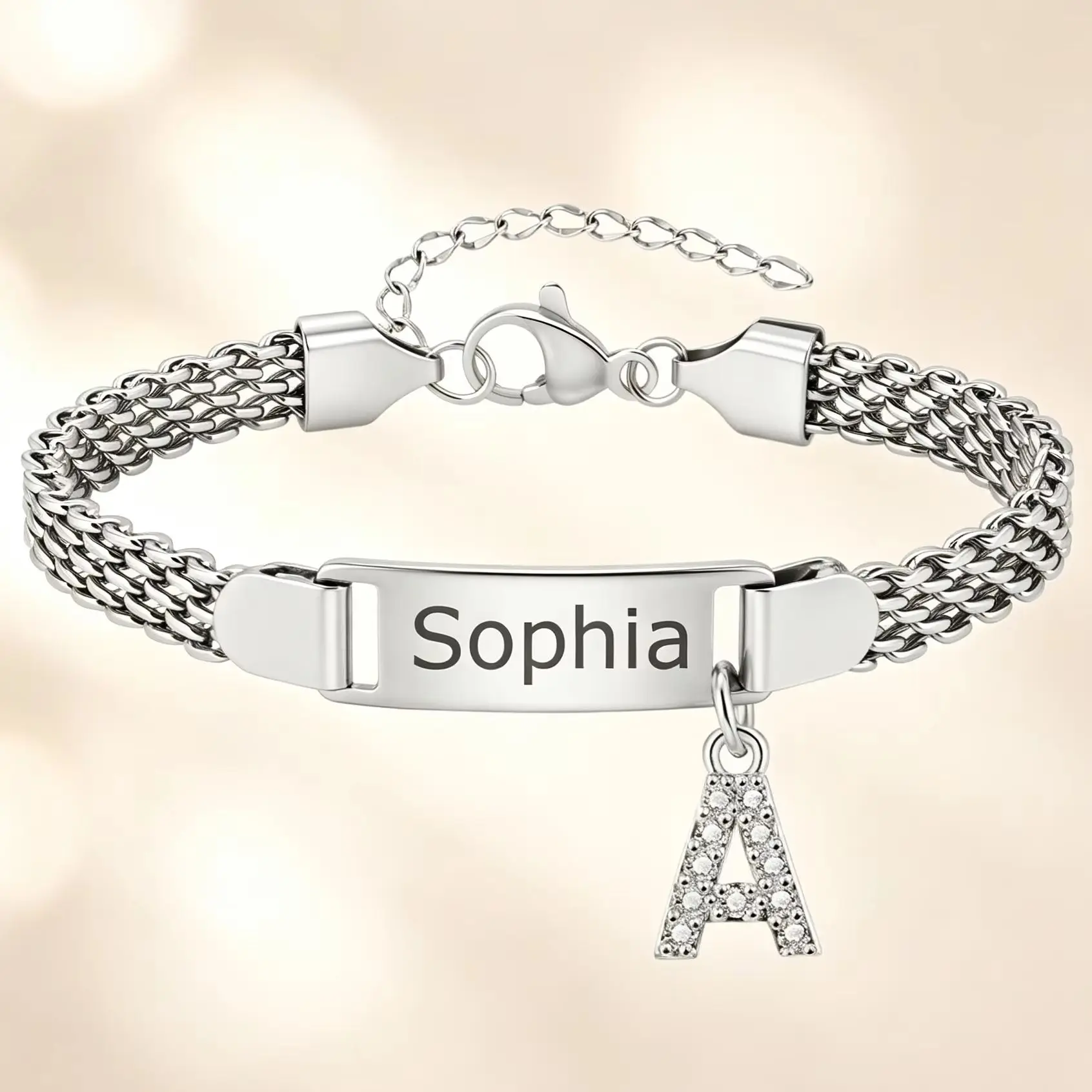 Initial Letter ID Bar Mesh Chain Bracelet For Women Paved CZ Alphabet Charm Bracelets Personalized Custom Wrist Jewelry Gift