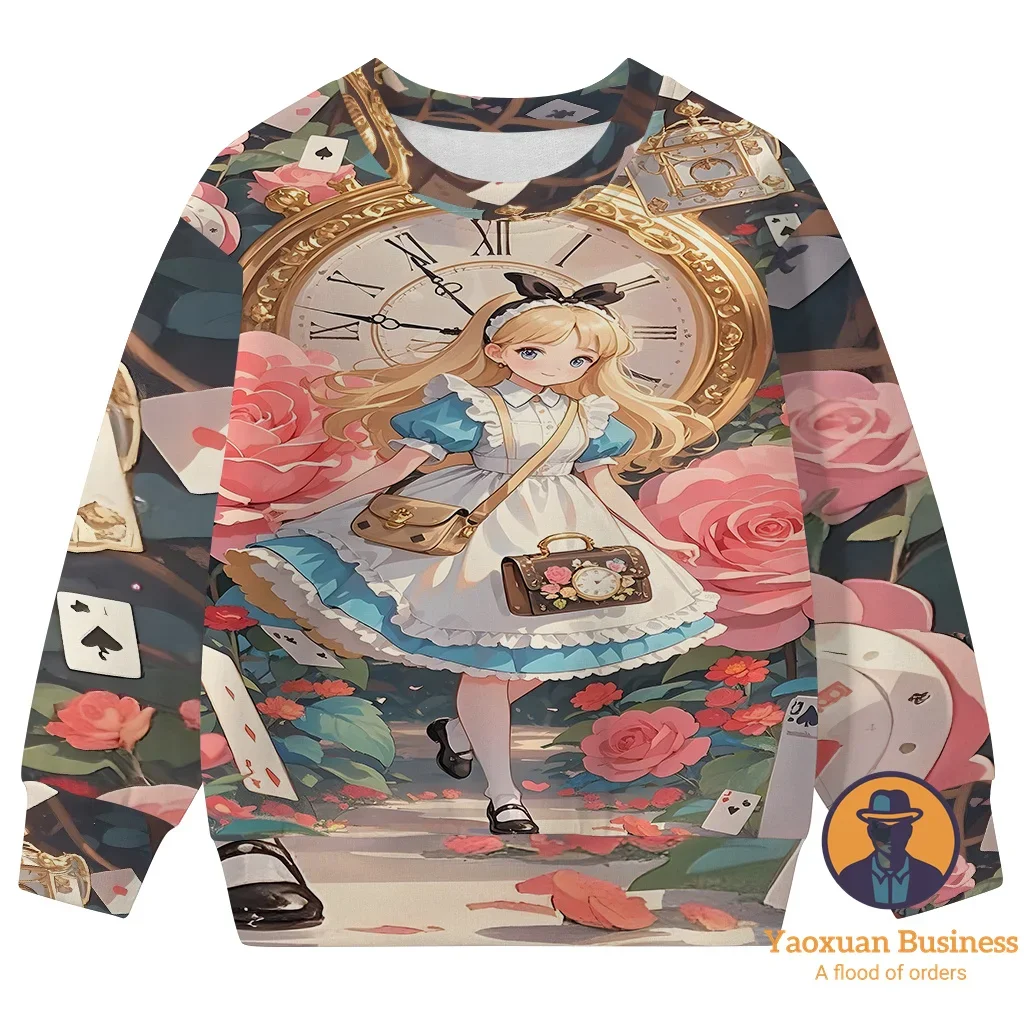 

Trendy 2025 White Alice In Wonderland Boys Girls Children 3D Cartoon Print Crew Neck Sweatshirt Cute Warm Windproof Autumn Winte