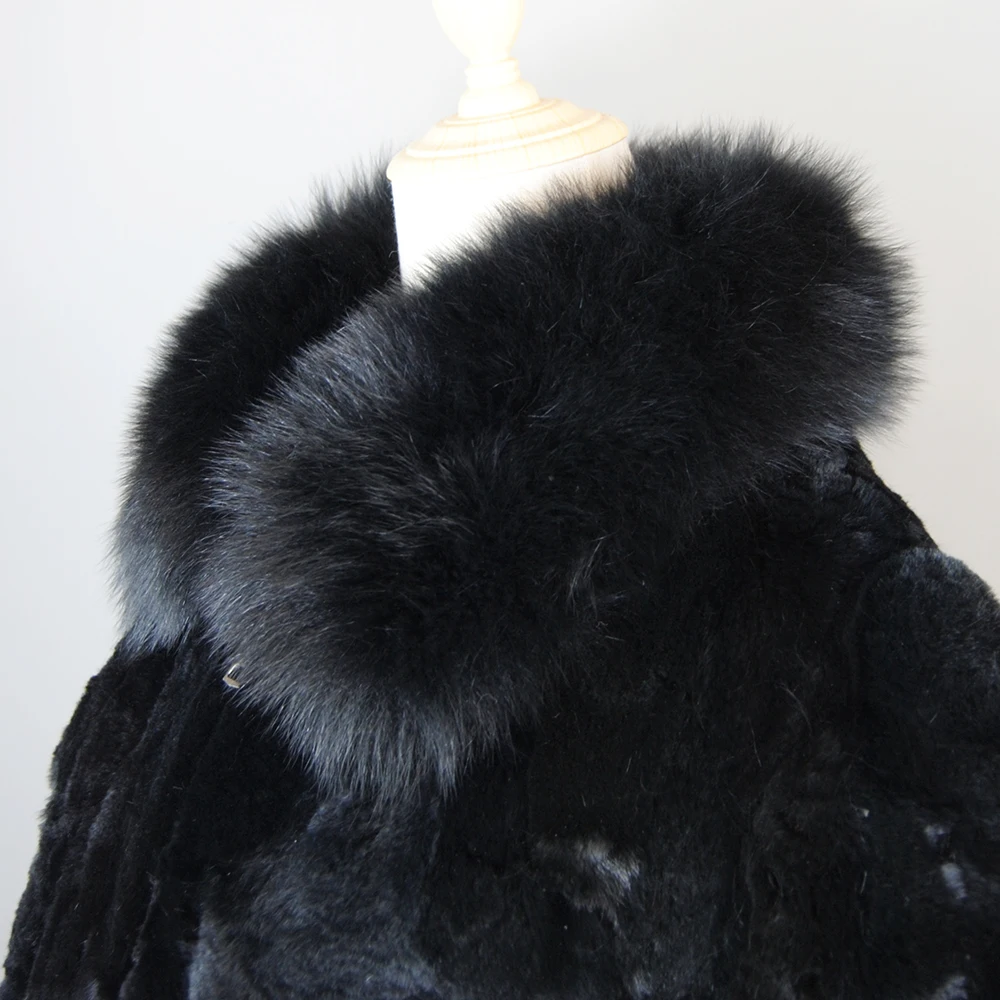 Hot Sale Mulheres Inverno Grosso Quente Qualidade Macia Real Rex Rabbit Fur Coat Rex Rabbit Fur Jacket Com Real Fox Fur Collar Overcoat