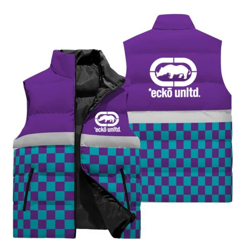 Men Puffer Vest Ecko Unltd Rhino Logo Checkerboard Patchwork Sleeveless Jacket Stand Collar Hip Hop Streetwear Warm Padded Waist