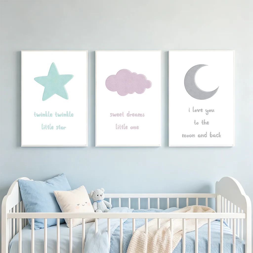 Pastel Soft Moon Star Cloud Nursery Wall Art Canvas Painting Prints Home Wall Decor Kids Bedroom Baby Room Sweet Dreams Décor