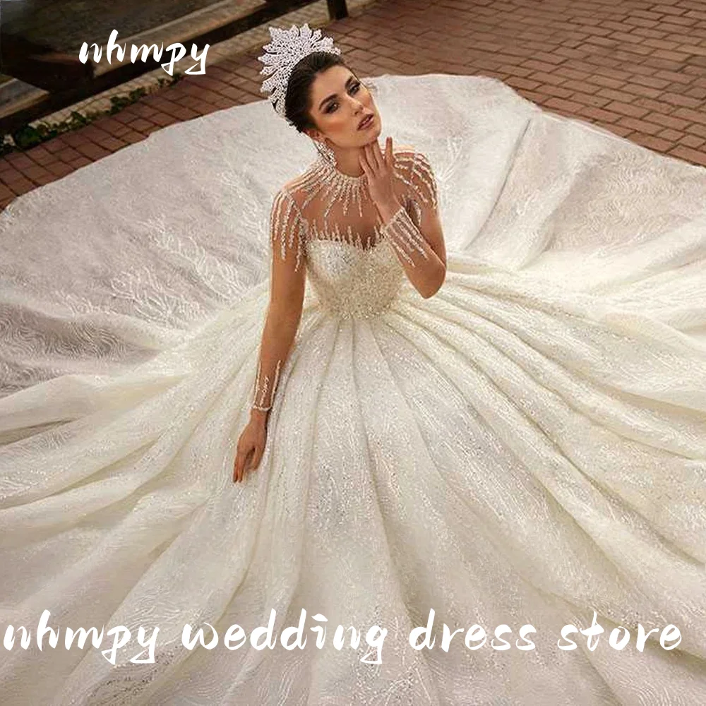 

Nymph Customized High Neck Ball Gown Wedding Dresses Full Sleeves Beaded Lace Bridal Gowns with Chapel Train vestidos de novia