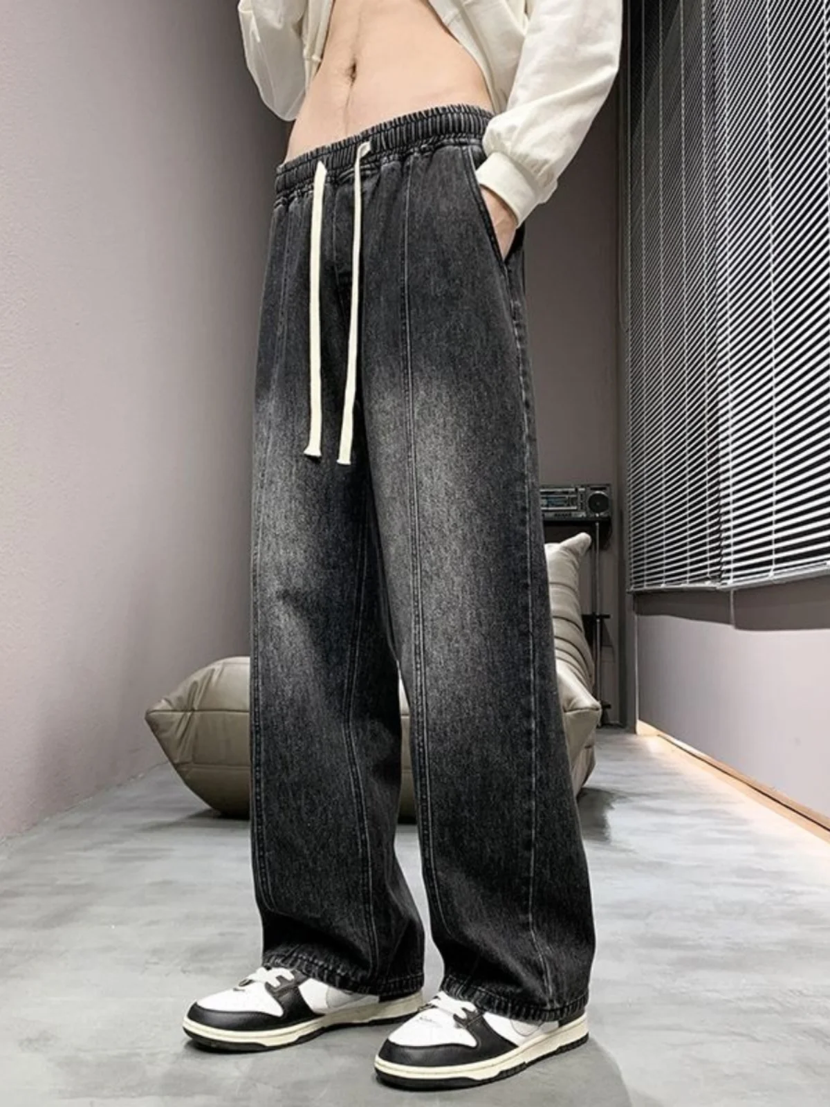 

Loose Straight Leg Jeans for Men Elastic Waist Wide Leg Pants Spring Large Size Retro Workwear Casual Comfortable Denim Jeans