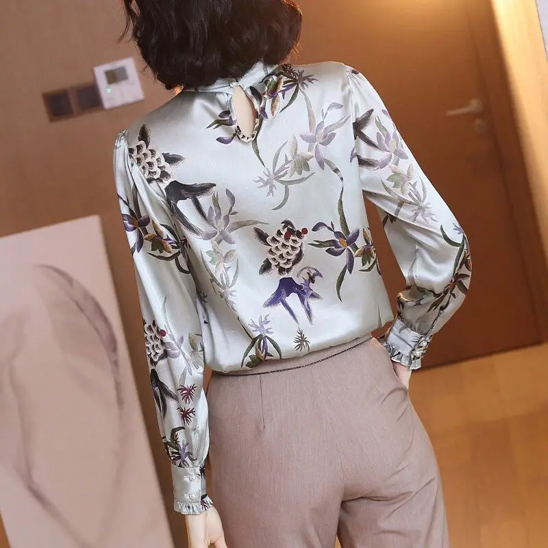 2024 Spring Autumn New Korean Commute Women\'s Satin Loose Blouses Long Sleeve Printed Spliced Ruched Pullover Ruffled Neck Shirt