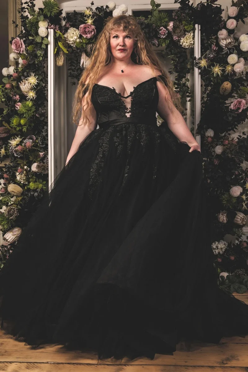 Jessica-Robe de mariée noire gothique avec broderie de perles, robes de Rhde luxe, dame élégante en tulle, robe éducative personnalisée