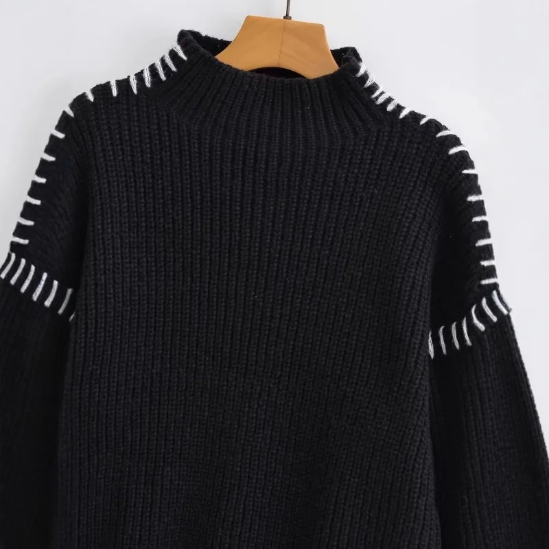 Women's round neck pullover casual knitwear with color-blocking and stitching design, fashionable and versatile