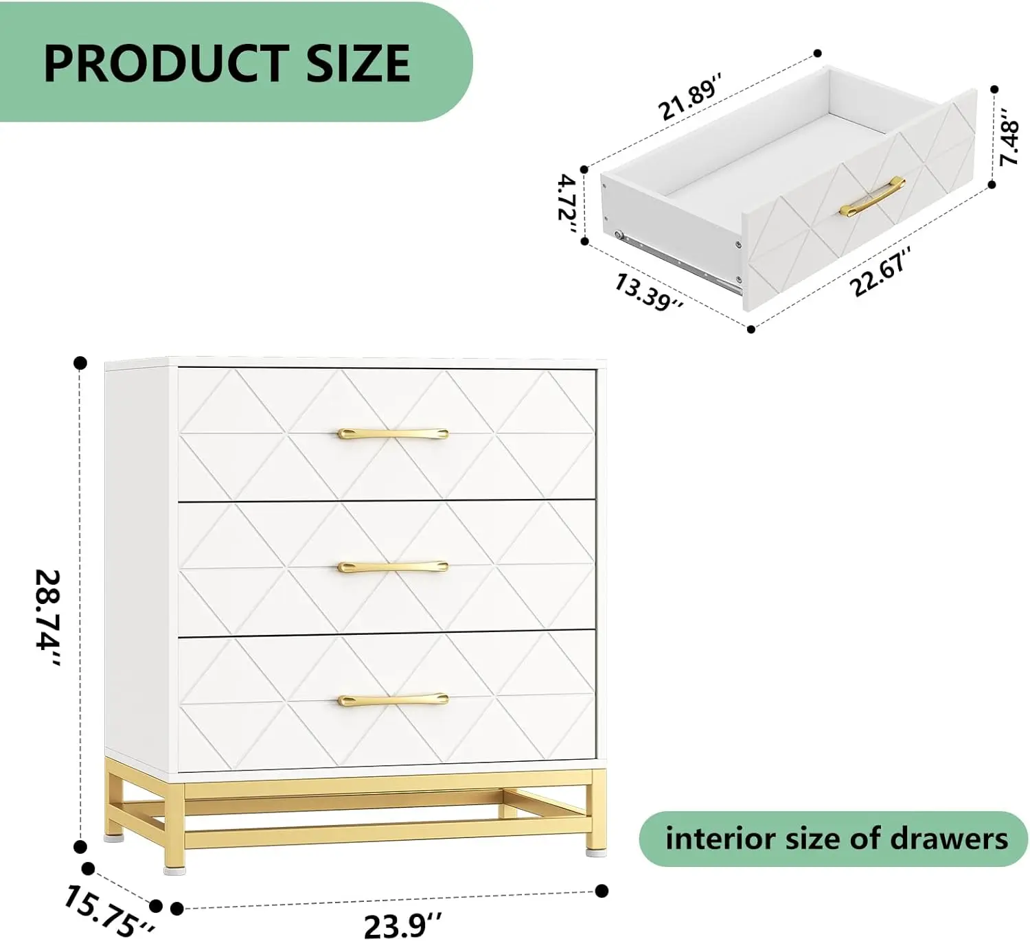 Commode pour chambre à coucher avec 3 MEL, Commode moderne Poitrine des portes de proximité, Wide Proximity Wers et Metal Foy, Commodes en bois, Blanc