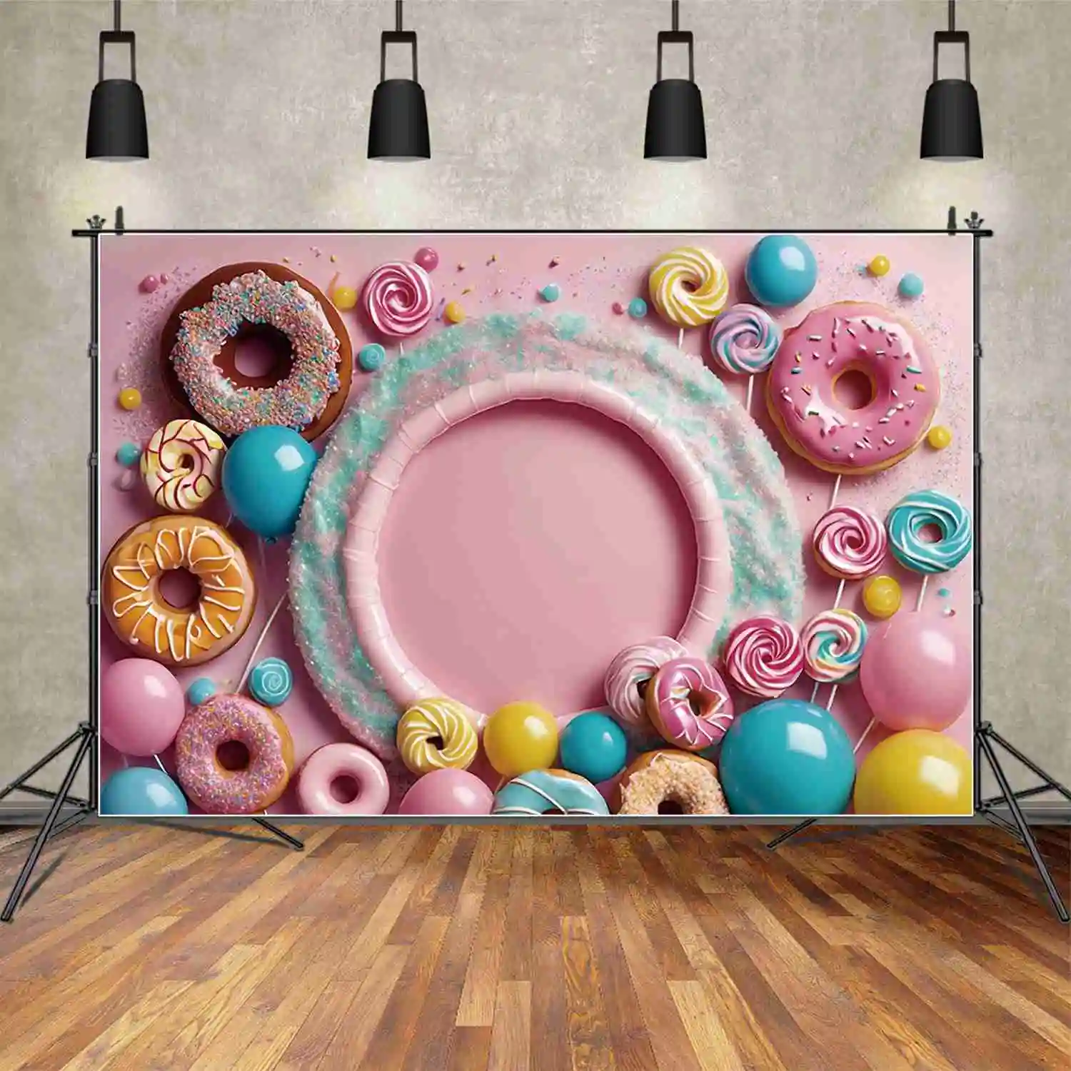 MOON.QG Colorful Doughnut Birthday Backgrounds Children Dessert Lollipop Balloon Backdrop Customized Party Photography Props