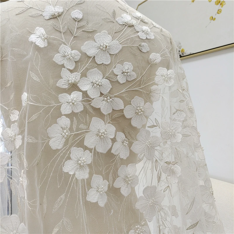 Silberweißer Perlen-3D-Spitzenstoff, Braut-Hochzeitskleid, Vorhang-Kleidung, Stoffstickerei, handgefertigte DIY-Materialien, RS4001 – Detail 3