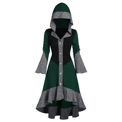 Dressfo Womens Christmas Dress Colorblock High Low Hooded Knit Dress Button Up Flare Sleeve Flounce Hem Knitted Dresses