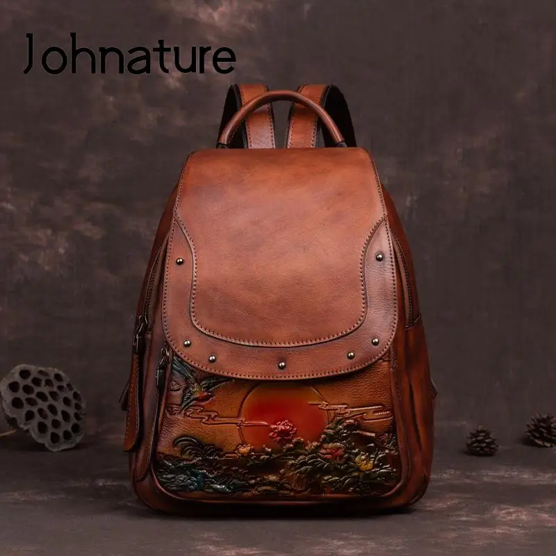 Johnature Vintage Embossed Large Capacity Women Backpack Genuine Leather Bag 2024 New Leisure Nature Soft Cowhide Travel Bags