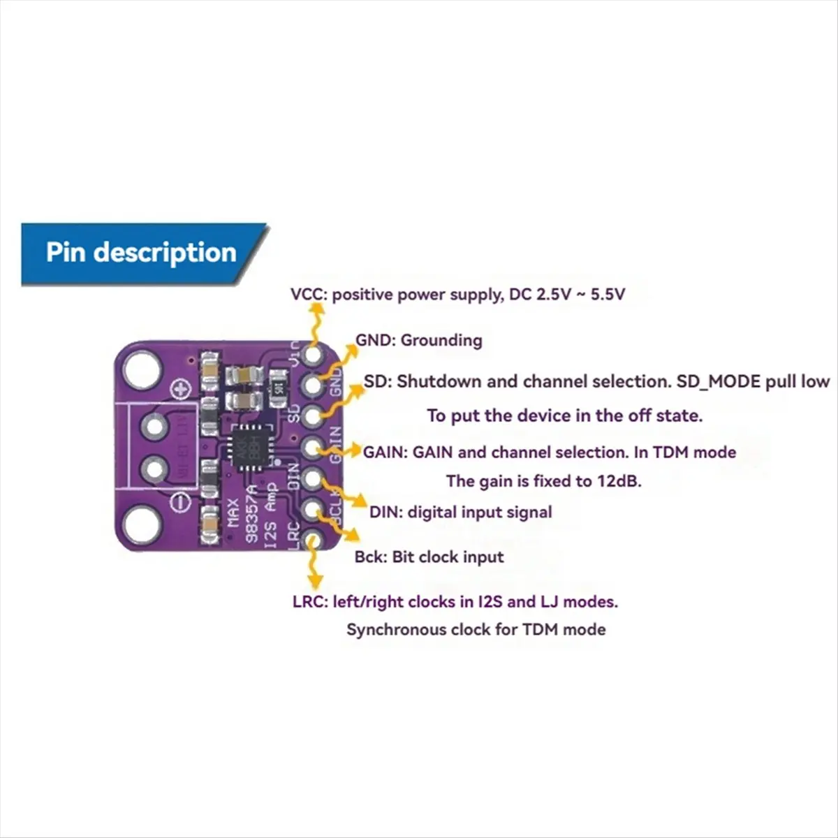 A99X Max98357 I2S 3W Class D Amplifier Breakout Interface Decoder Module Filterless Audio Board for