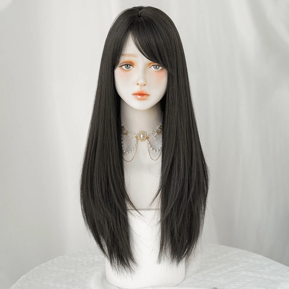 PARK YUN Long straight Dark brown Wig for Women Natural Mid Parting Sweet Synthetic Wigs Heat Resistant Daily Cosplay Lolita Wig