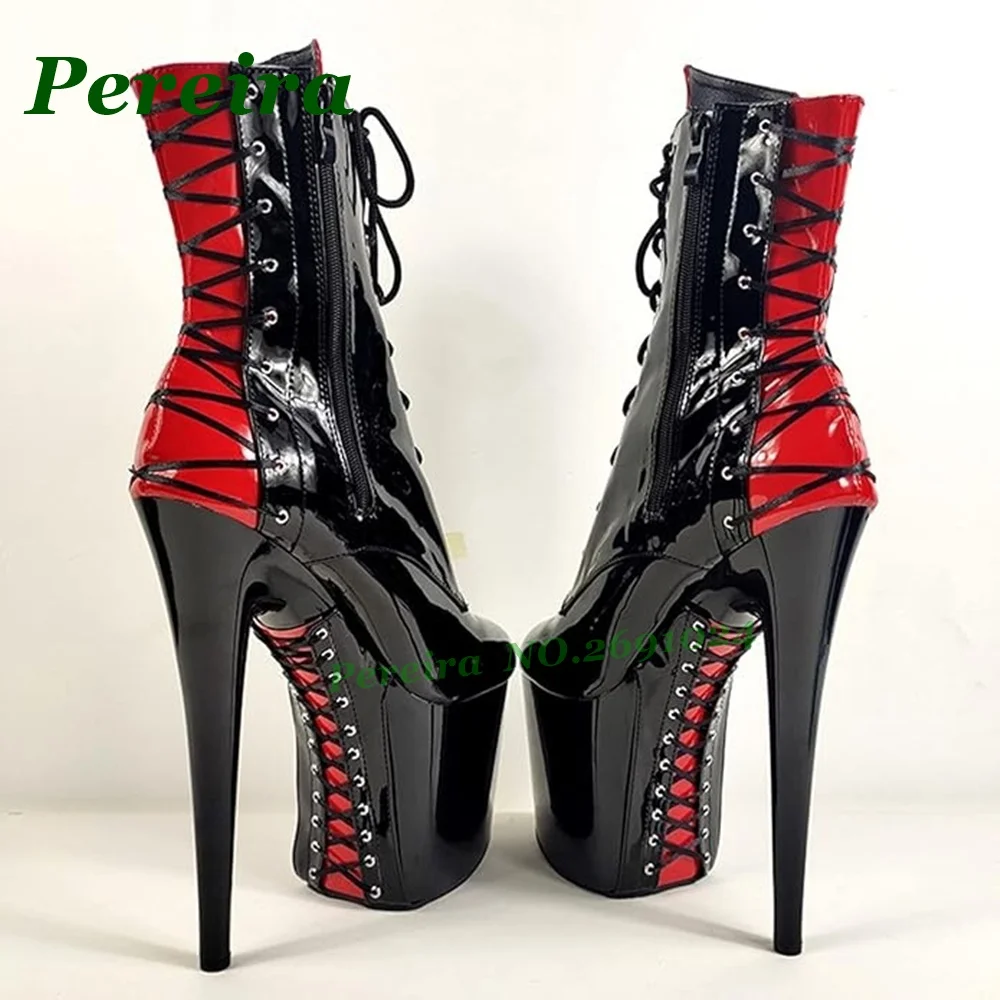 

Черно-красные двухцветные сапоги на высоком каблуке 20 см из лакированной кожи для танцев на пилоне, на шнуровке, для выступлений в ночном клубе